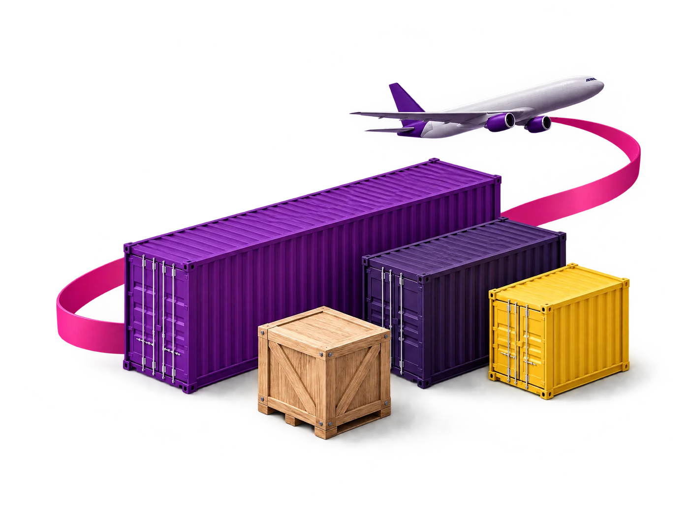 Composición ilustrada de contenedores, una caja de carga y un avión en los colores de ImportPlanners.