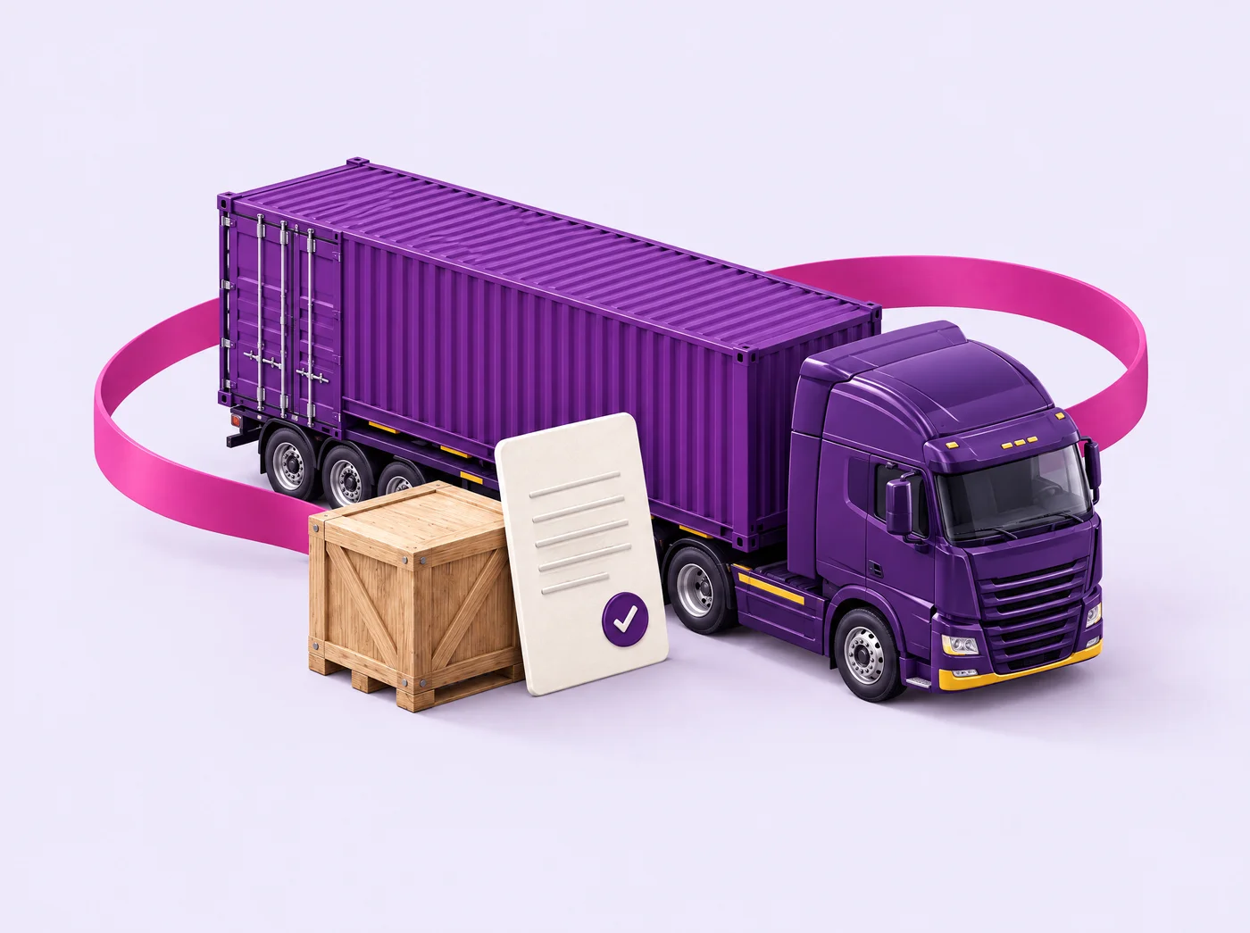 Ilustración de un camión de carga, una caja y documentación de embarque en los colores de ImportPlanners.