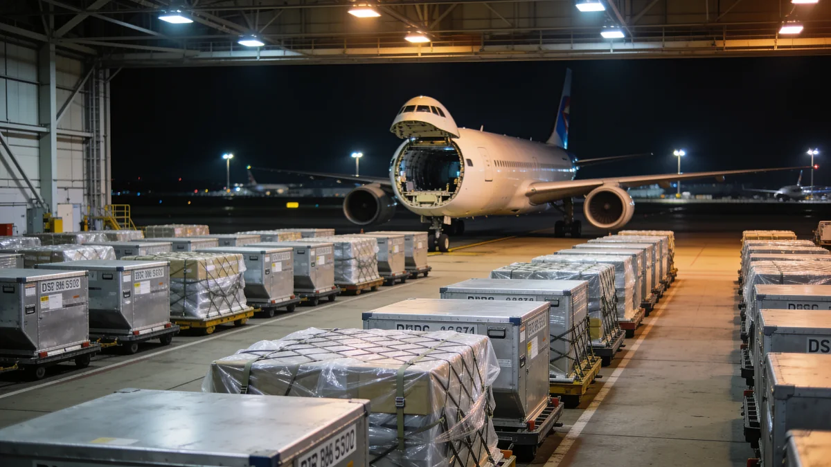 Imagen ilustrativa de carga preparada junto a un avión en una terminal.